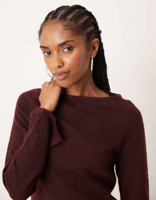ASOS DESIGN loose knit slash neck top in plum