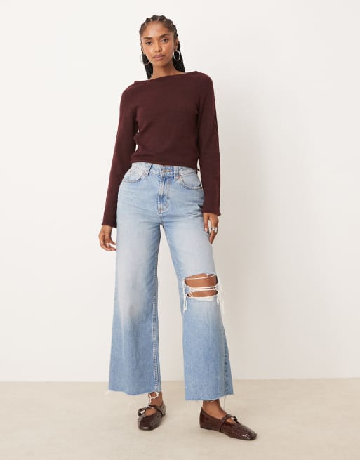 ASOS DESIGN loose knit slash neck top in plum