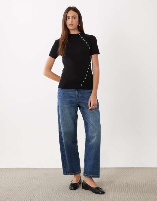 ASOS DESIGN knit rib button detail short sleeve top in black, 2 of 4