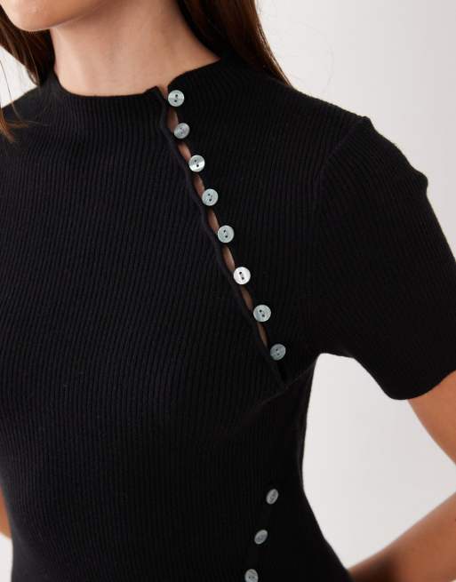 ASOS DESIGN knit rib button detail short sleeve top in black, 3 of 4