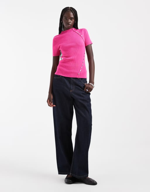 ASOS DESIGN knit rib button detail short sleeve top in bright pink, 2 of 4