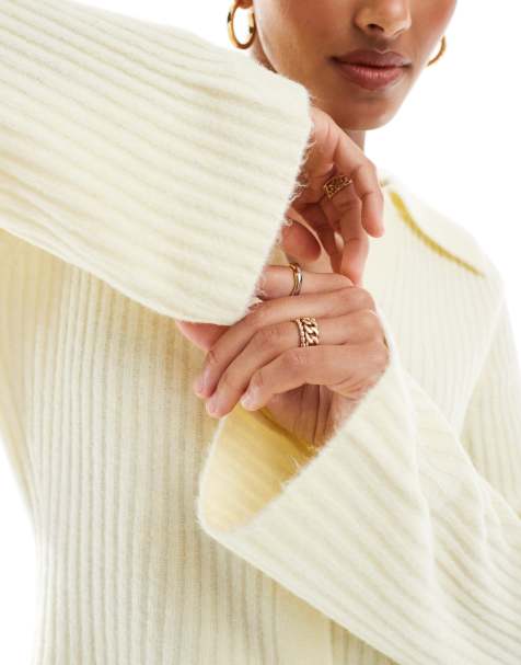 ASOS DESIGN knit rib collar cardigan in buttermilk - view 1