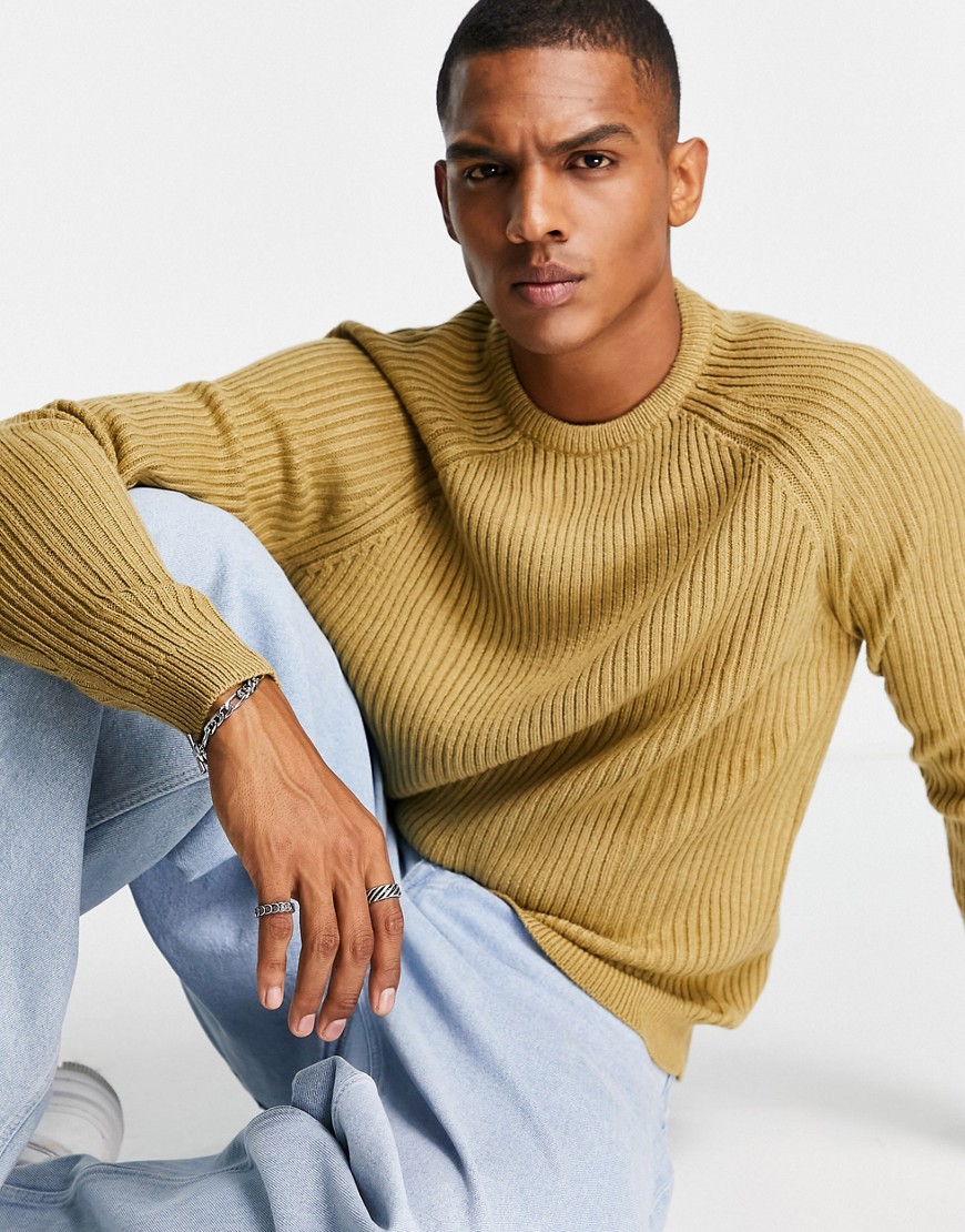 ASOS DESIGN knit rib crew neck sweater in tan-Brown