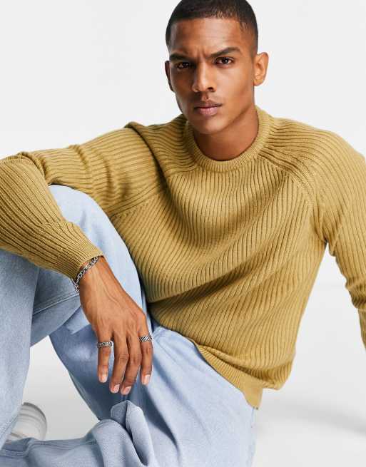 ASOS DESIGN knit rib crew neck sweater in tan