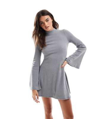 ASOS DESIGN knit rib flared sleeve mini skater dress in grey-Black