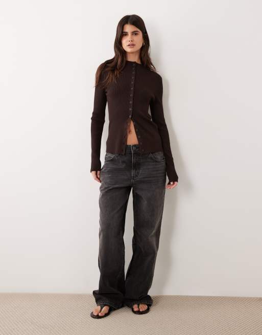 ASOS DESIGN knit rib grown on neck button through cardigan in chocolate, 3 of 4