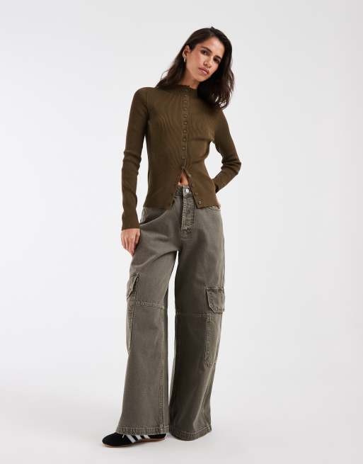 ASOS DESIGN knit rib grown on neck button through cardigan in khaki, 2 of 4