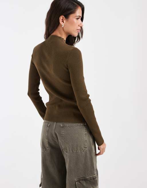 ASOS DESIGN knit rib grown on neck button through cardigan in khaki, 3 of 4