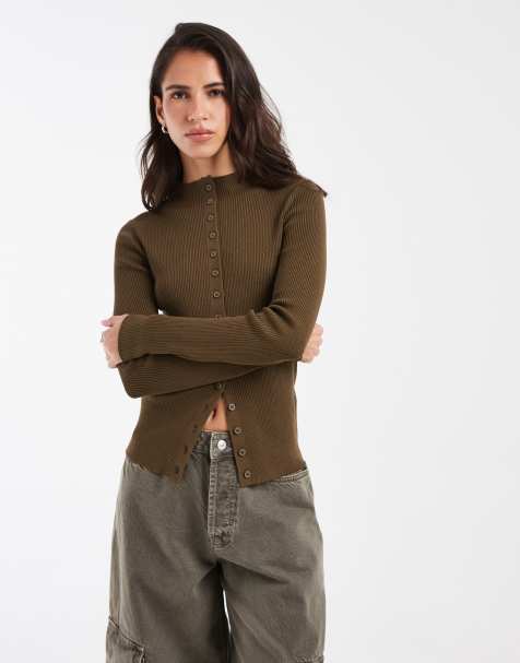 ASOS DESIGN knit rib high neck button through cardigan in khaki - view 1
