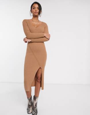 orange knitted rib scoop detail split midi dress
