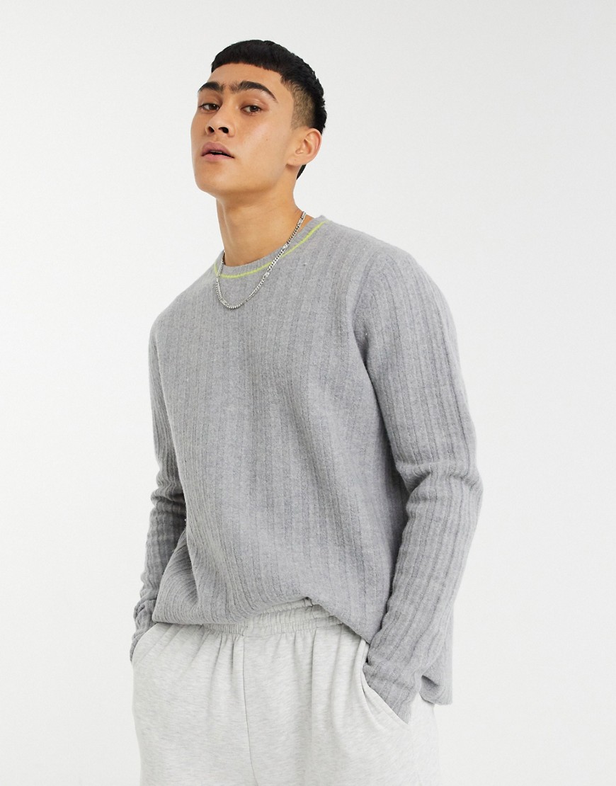 ASOS DESIGN knit ribbed boiled wool sweater in light gray-Grey