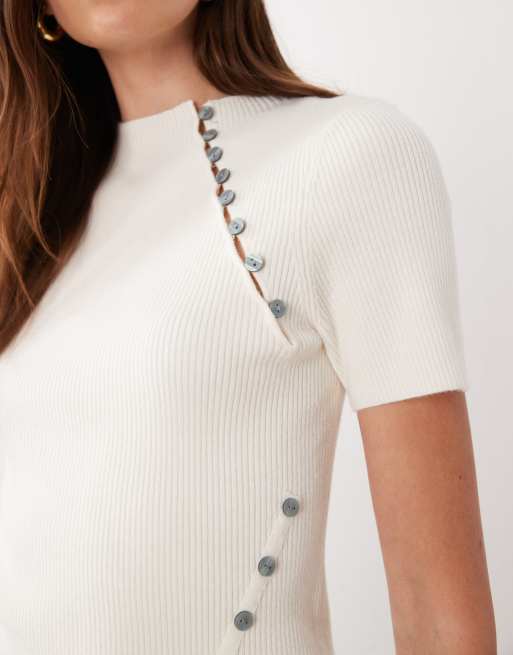ASOS DESIGN knit ribbed button detail short sleeve top in cream, 3 of 4
