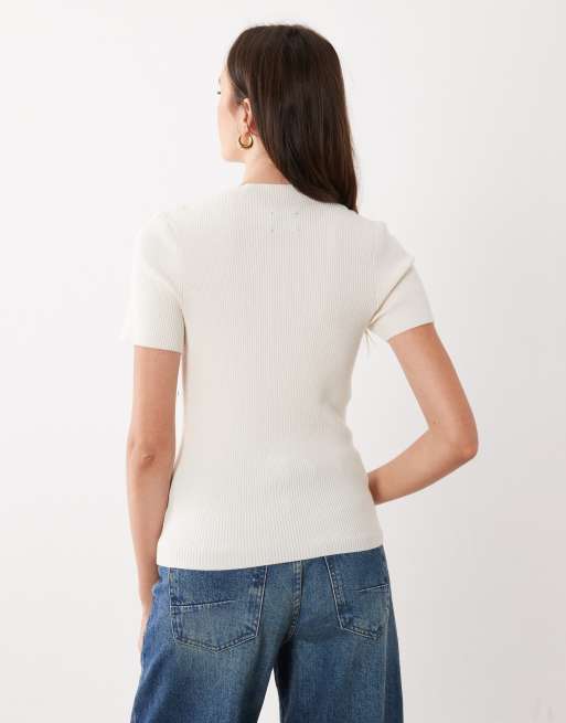 ASOS DESIGN knit ribbed button detail short sleeve top in cream, 4 of 4