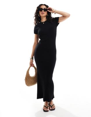 knit ribbed crew neck midaxi dress in black