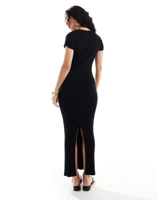 ASOS DESIGN knitted crew neck midaxi dress in rib in black