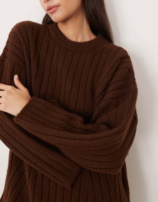 ASOS DESIGN knit ribbed crew neck sweater dress in chocolate ASOS