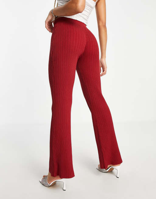 Plus Red Rib Knit Flared Pants, Plus Size