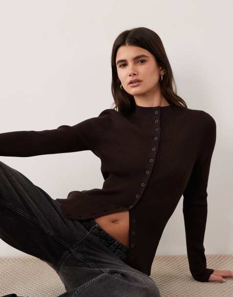 ASOS DESIGN knit ribbed grown on neck button up cardigan in chocolate - view 1