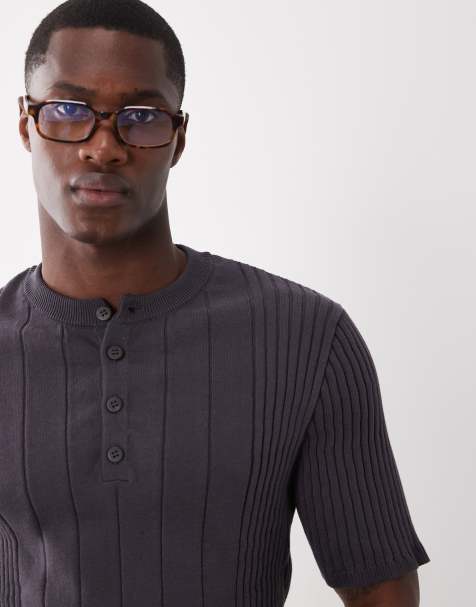 ASOS DESIGN knit ribbed Henley in charcoal - view 1