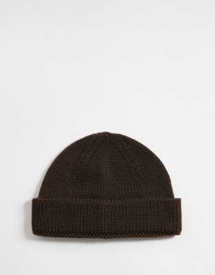 Asos Design Knit Ribbed Mini Fisherman Beanie In Brown