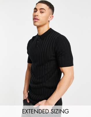 Asos Design Knit Ribbed Polo Shirt In Black