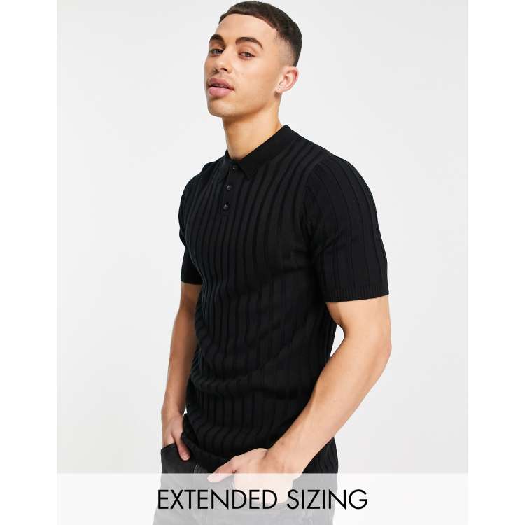 ASOS DESIGN knitted ribbed polo shirt in black