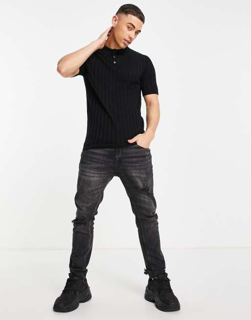 ASOS DESIGN knit ribbed polo shirt in black ASOS