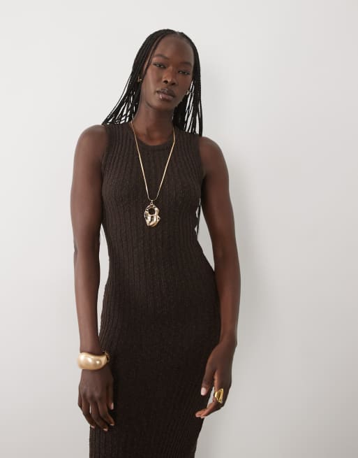 ASOS DESIGN knit ribbed racer back boucle midaxi dress in chocolate, 2 of 4