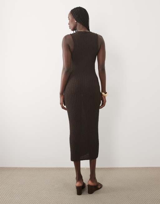 ASOS DESIGN knit ribbed racer back boucle midaxi dress in chocolate, 4 of 4