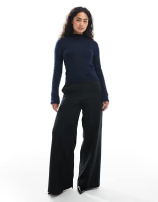 Asos Design Knit Ribbed Relaxed Funnel Neck Top In Blue