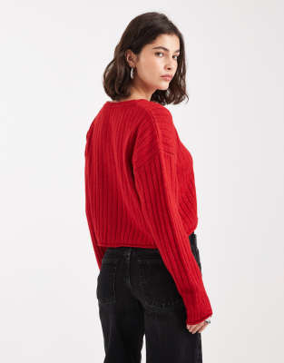 Asos Design Knit Rolled Trim Wide Rib Knit Cardigan In Red