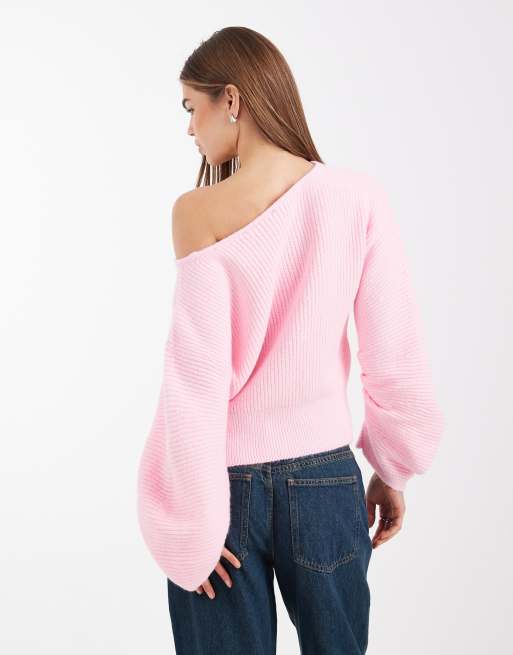 ASOS DESIGN knit ruched sleeve sweater in pink, 2 of 4