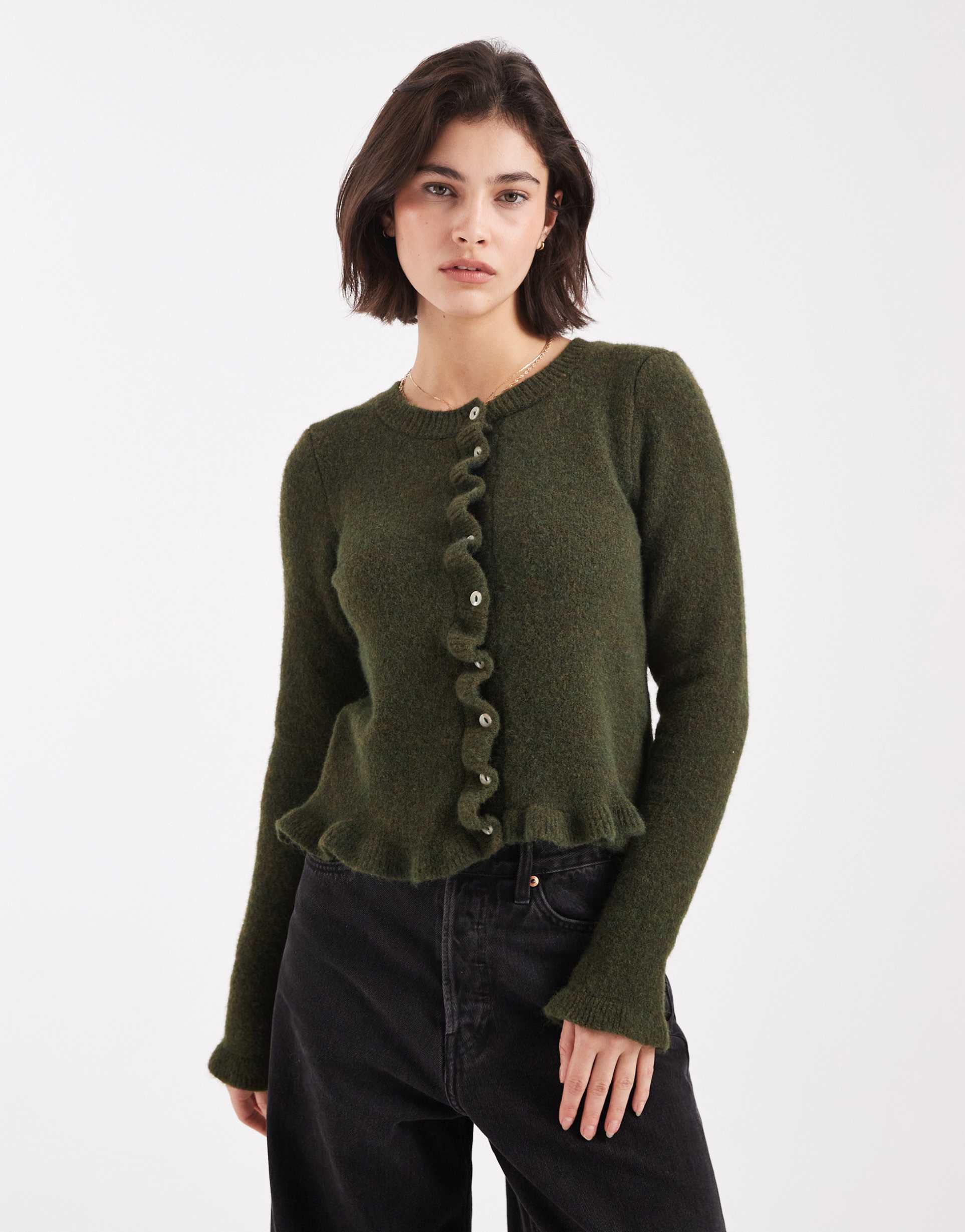 asos design knit ruffle cardigan with wool in khaki