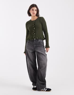 Asos Design Knit Ruffle Cardigan With Wool In Green