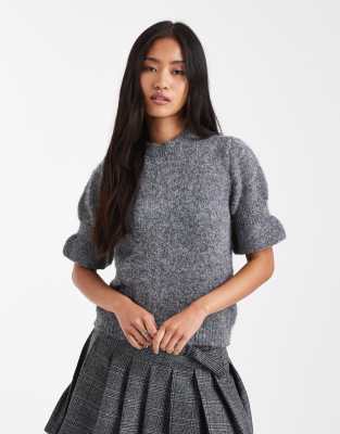 Asos Design Knit Ruffle Cuff Short Sleeve Top In Gray