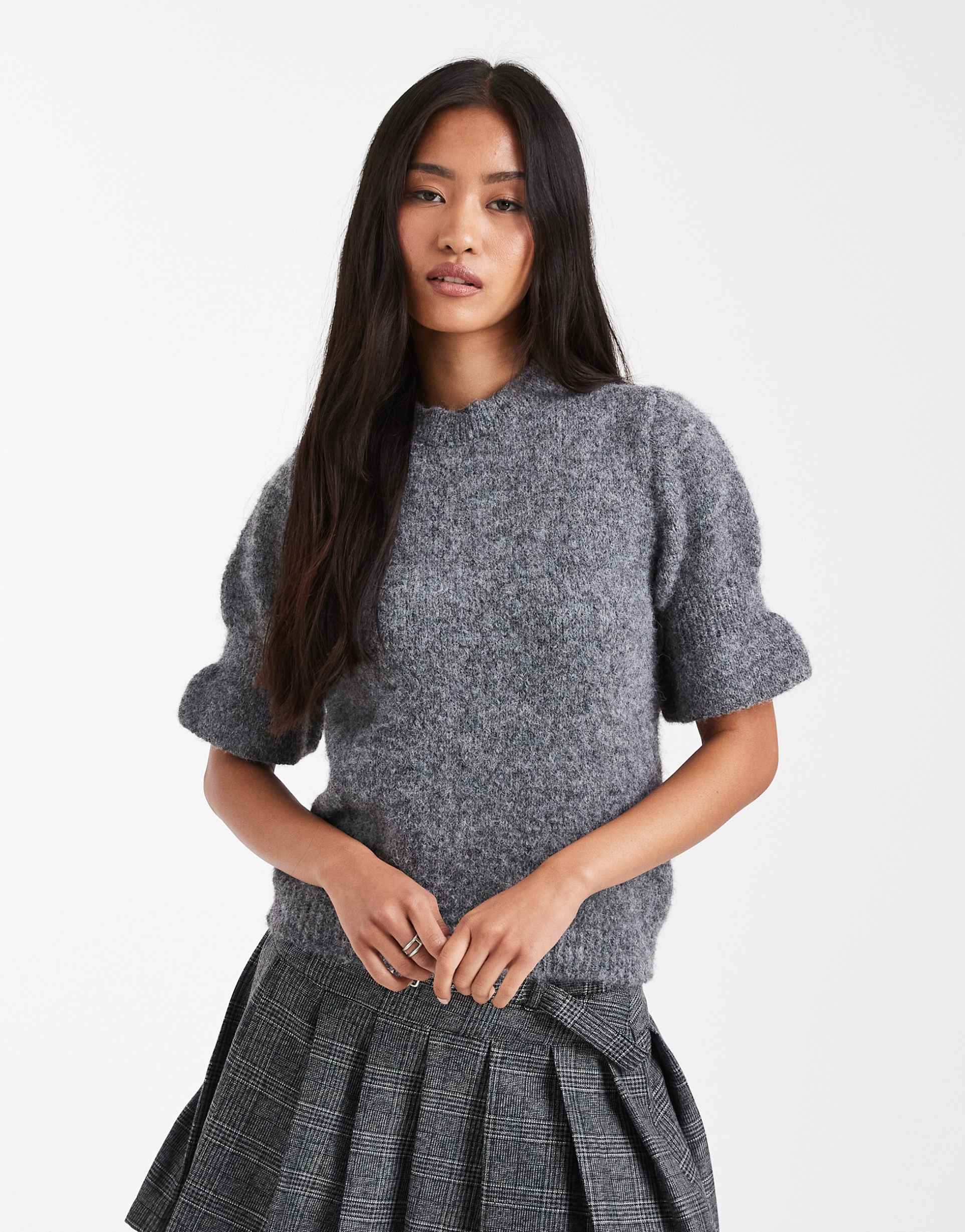 asos design knit ruffle cuff short sleeve top in charcoal
