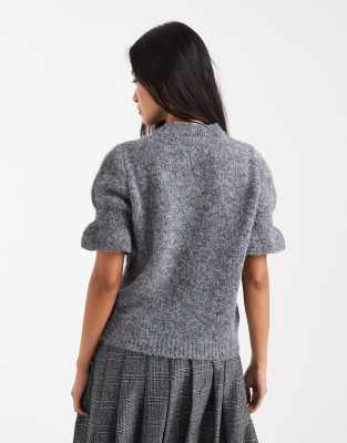 Asos Design Knit Ruffle Cuff Short Sleeve Top In Gray