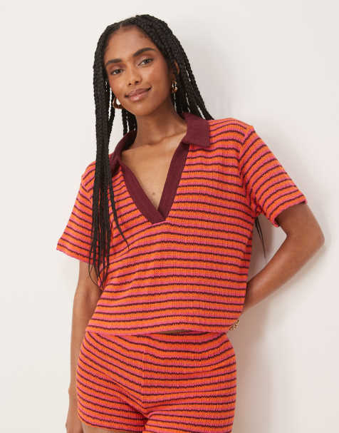 ASOS DESIGN knit rugby collared top in orange stripe - view 1