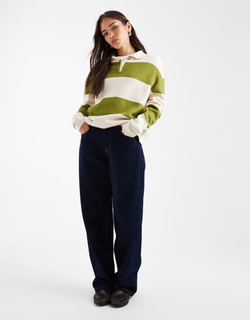 ASOS DESIGN knit rugby top in olive stripe