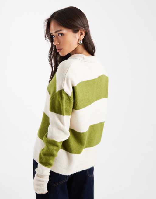 ASOS DESIGN knit rugby top in olive stripe