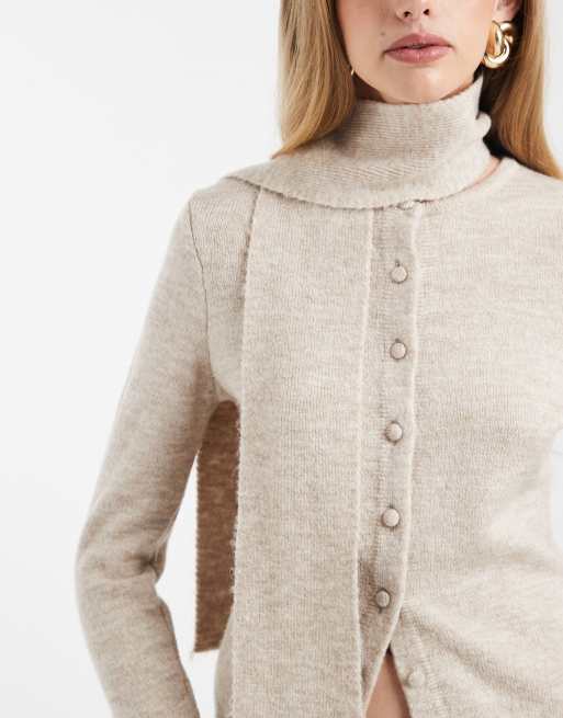 ASOS DESIGN knit scarf detail cardigan in oatmeal, 3 of 4