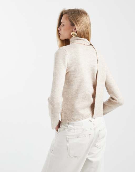 ASOS DESIGN knit scarf detail cardigan in oatmeal, 4 of 4