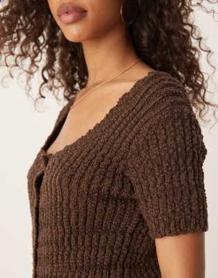 Asos Design Knit Scoop Neck Button Up Cardigan In Brown