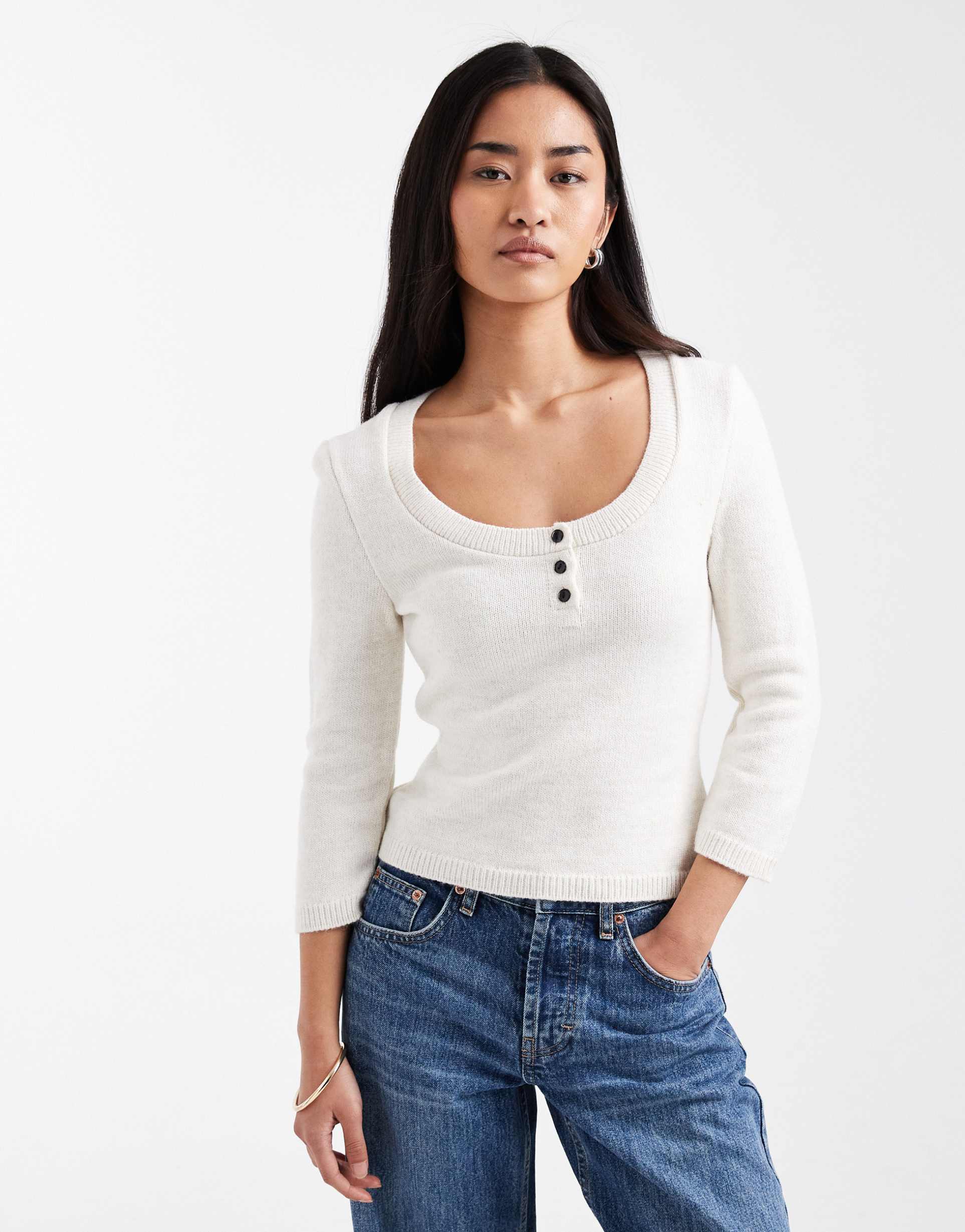 asos design knit scoop neck henley sweater in ecru