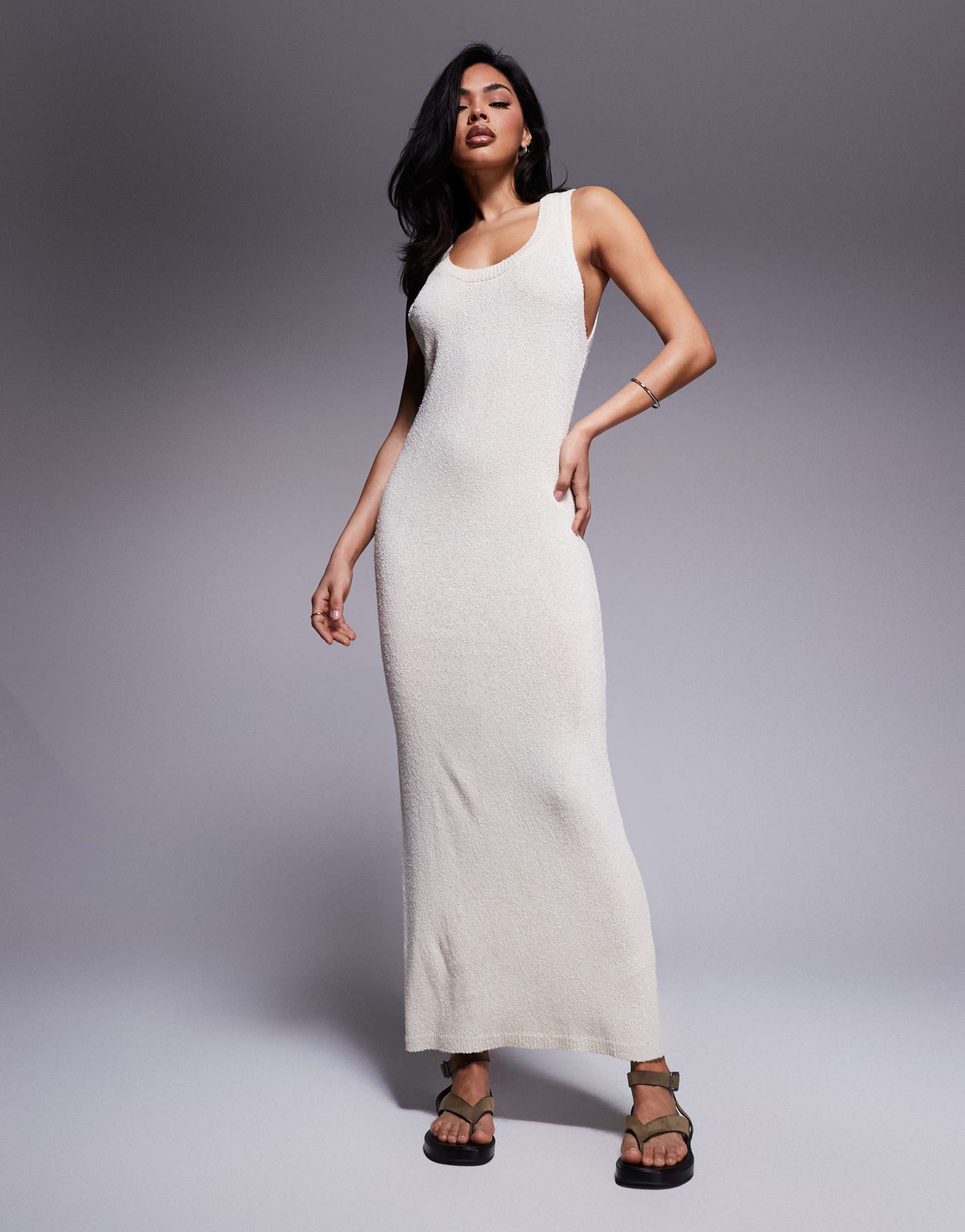asos design knit scoop neck textured midaxi dress in cream