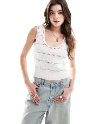 knit scoop neck top with tipping in cream-White