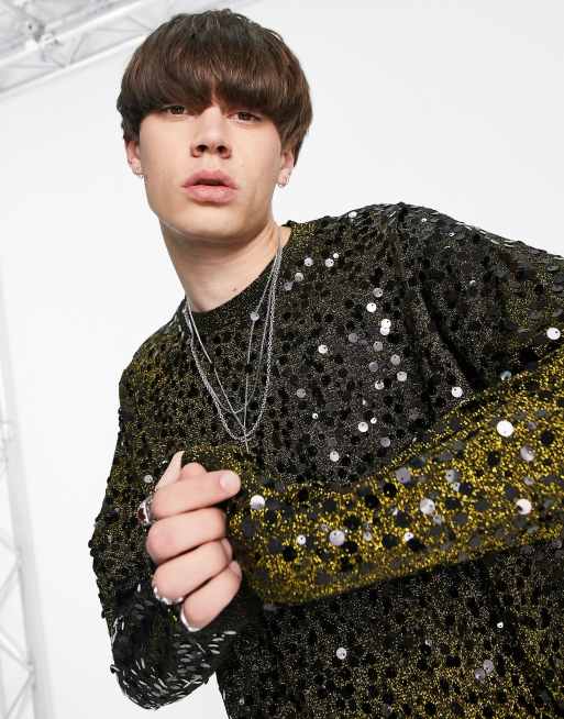 ASOS DESIGN knit sequin sweater in black & gold twist yarn