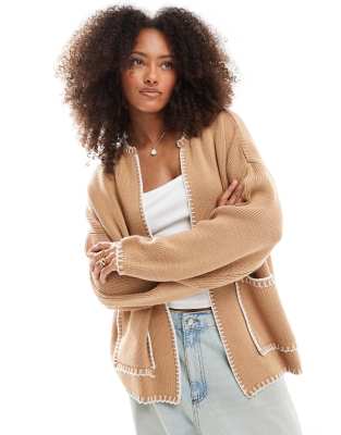Asos Design Knit Shacket With Blanket Stitch Detail In Neutral