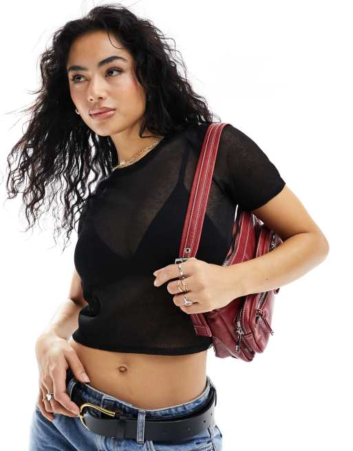 ASOS DESIGN knit sheer baby tee in black