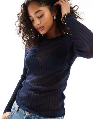 Asos Design Knit Sheer Funnel Neck Top In Navy-gray